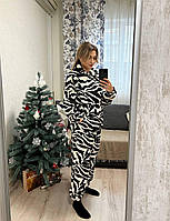 Теплая зимняя женская модная пижама Тедди кофта штаны мягкая пижама на подарок домашний комплект для сна OS 42/46, Белый/Черный