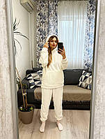 Теплая зимняя женская махровая мягкая пижама Тедди кофта кенгуру штаны на подарок домашний комплект для сна OS 42/46, Белый