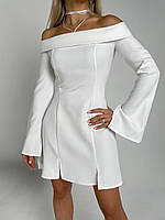 Женское нежное базовое мини платье с длинным рукавом однотонное креп костюмка широкий рукав с разрезом Молоко, 42/44