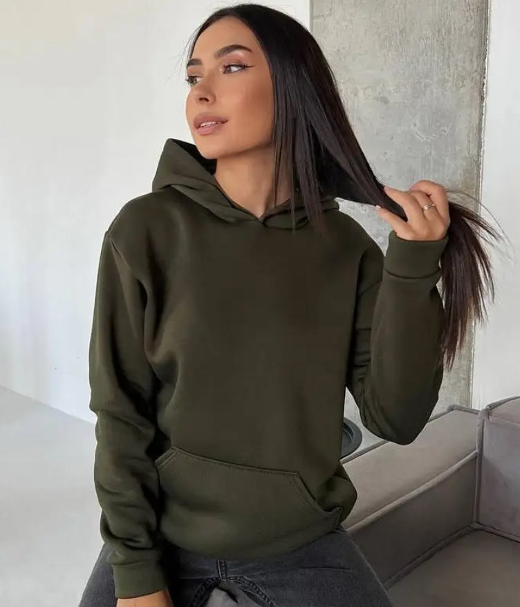Тепле худи жіноча зимова кофта з капюшоном однотонна хакі толстовка жіноча тринитка з начосом худи 42-46, фото 1