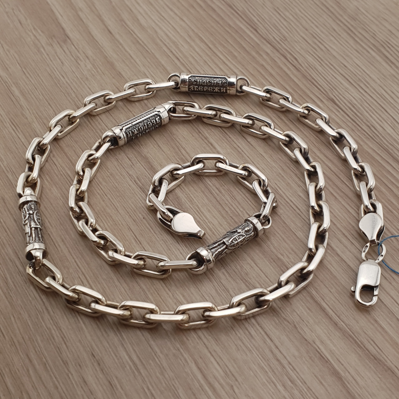 Срібна цепочка чоловіча якір з православними вставками Архангел Михаїл. Якірний ланцюжок 50 см срібло 925, фото 1