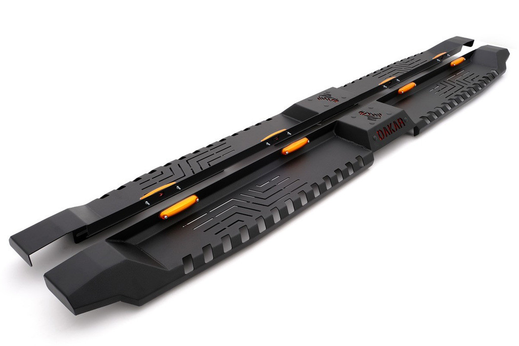 Бокові пороги Dakar Чорні V2 з підсвічуванням (2 шт метал) для Toyota Hilux 2006-2015 рр