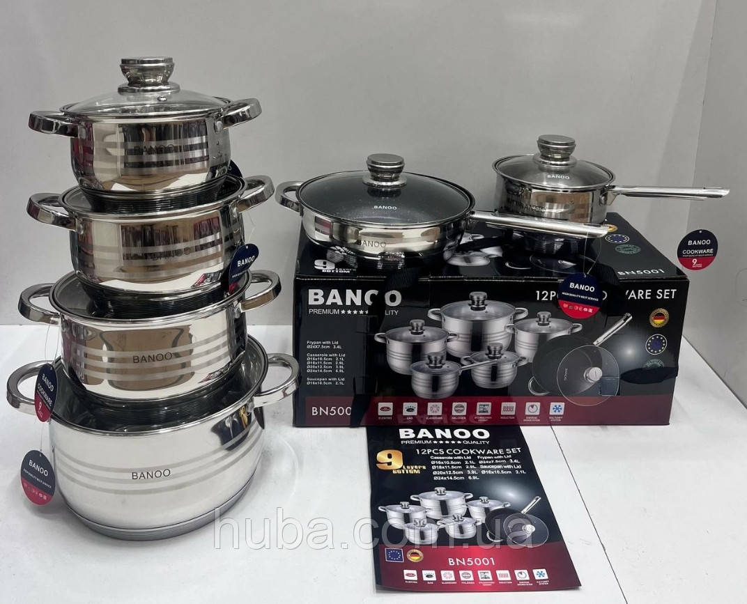 Кухонний набір посуду 12 предметів із нежавкої сталі з 9-шаровим дном Banoo BN-5001.Німеччина., фото 1