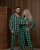 Новогодние парные пижамы в клетку для двоих, семейные комплекты для сна и отдыха для пары в клеточку зеленые