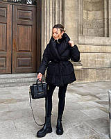 Женская зимняя стеганая куртка с поясом размеры 42-48