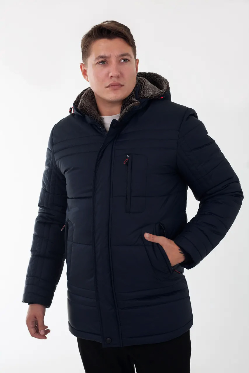 Зимова стильна чоловіча куртка парка/ Класичний теплий пуховик з коміром та капюшоном на хутрі - зима