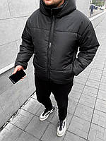 Зимняя теплая куртка мужская с капюшоном, утепленный пуховик черный водоотталкивающая плащевка зима