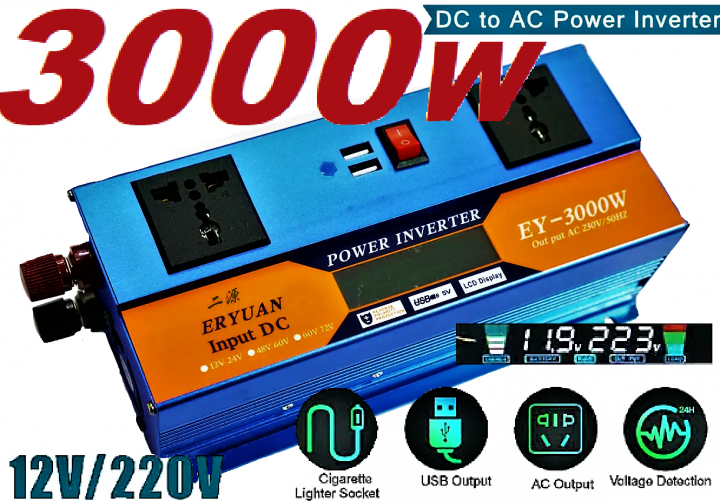 Інвертор автомобільний 12V-220V 3000W з LCD дисплеєм, Перетворювач напруги, Інвертор з розеткою і USB