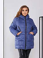 Тёплая зимняя женская куртка пальто стёганное с капюшоном синее 48-50 52-54 56-58