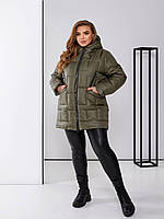 Тёплая зимняя женская куртка пальто стёганное с капюшоном хаки 48-50 52-54 56-58