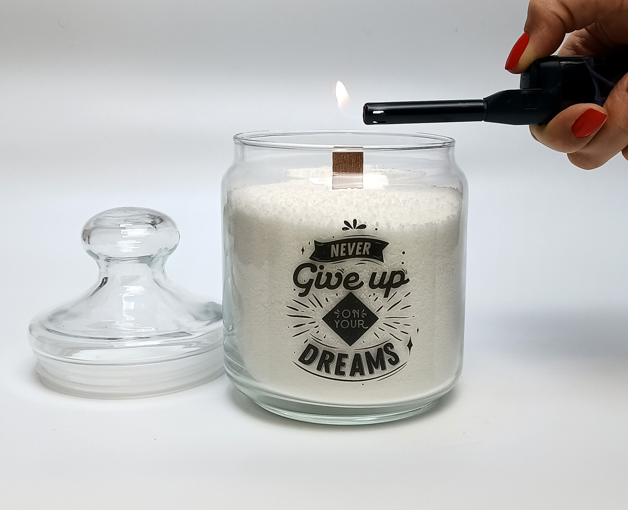 Насипна свічка у скляній ємності "Never Give Up" - символічний подарунок для підтримки, натхнення, мотивації, фото 1