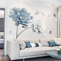 Наклейка виниловая на стену "Синие цветы и бабочки" - 60*90см, декор для дома