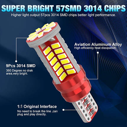 Світлодіодна лампа T10 57SMD 3014Chip 2,3 Вт зі світлодіодів W5W лампочки номерного знака, фото 1