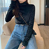 Жіночий велюровий гольф облягаючий однотонний з подовженими рукавами розмір 48-50 чорний, фото 2