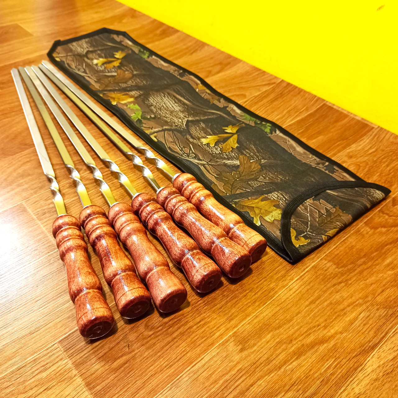 Набір шампурів в чохлі 6шт. Шампури з деревянною ручкою. Шампури 3мм нержавійки для шашлику.