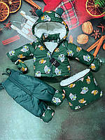 Зимний костюм тройка (конверт, куртка, комбинезон) "Ушки" для малышей 0-24 мес. Принт Том и Джерри/зеленый