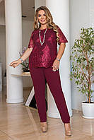 Женский бордовый нарядный костюм с вышивкой на сетке большие размеры