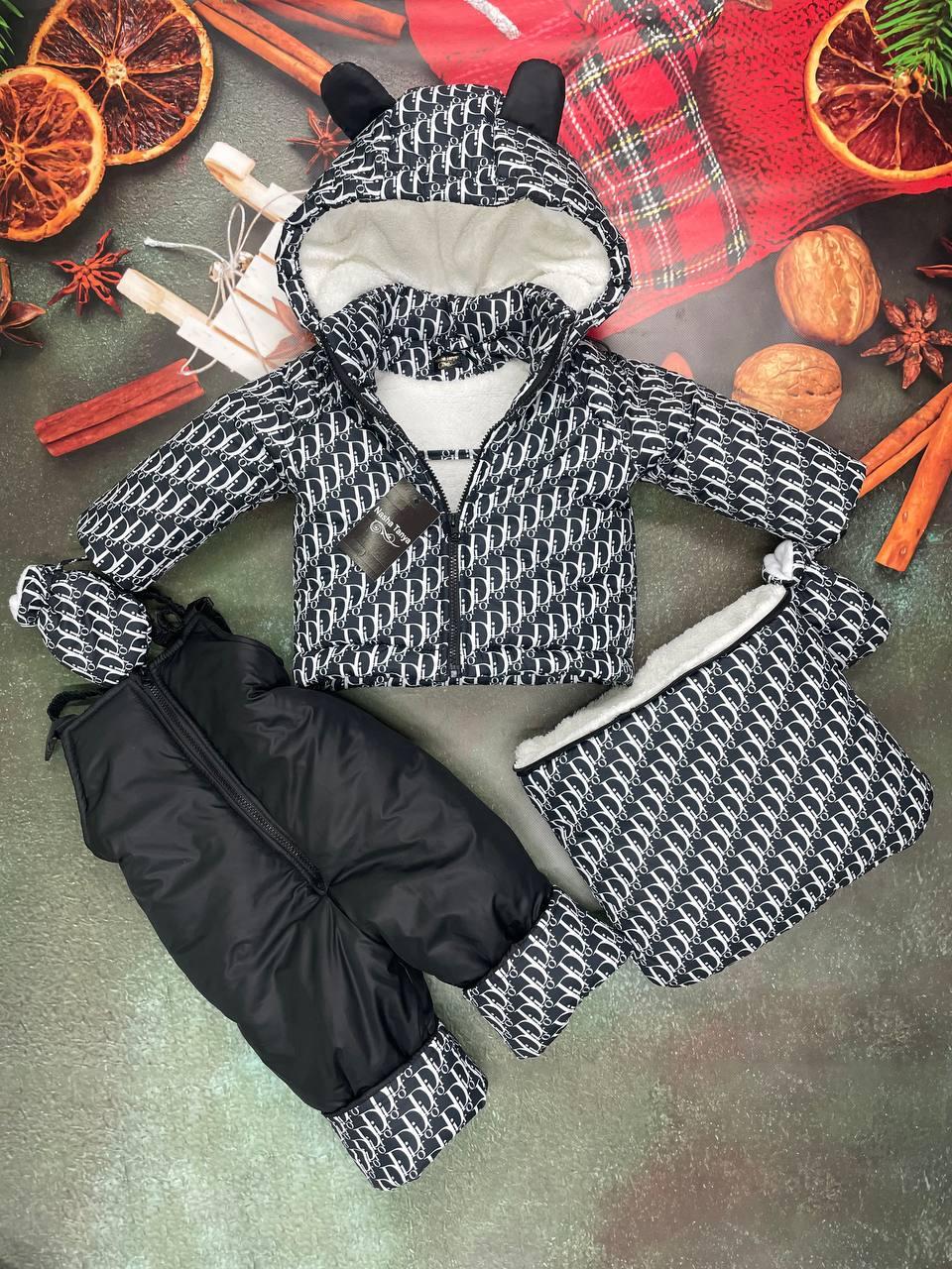 Зимний костюм тройка (конверт, куртка, комбинезон) "Ушки" для малышей 0-24 мес. Принт Диор - фото 1 - id-p1236065841