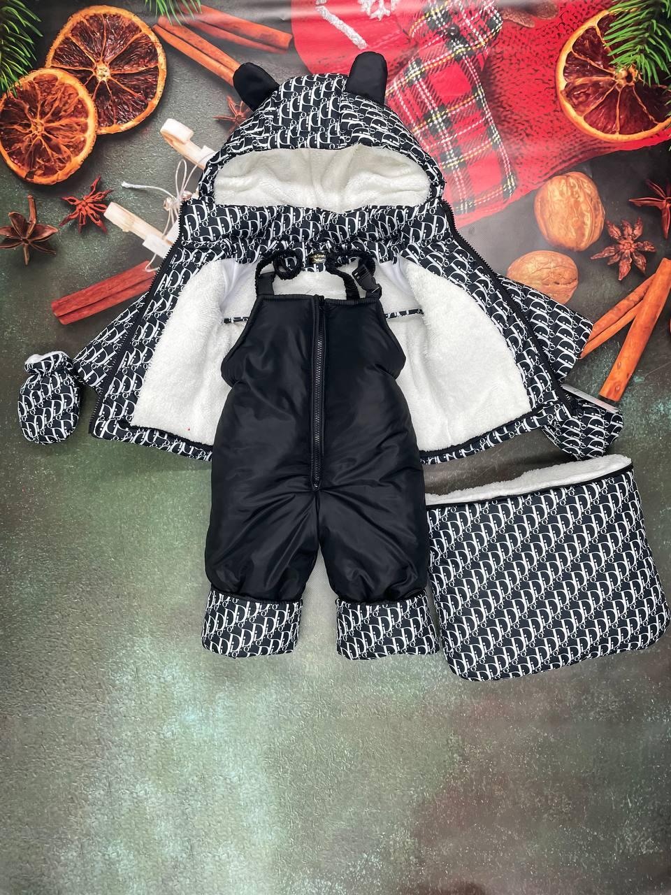 Зимний костюм тройка (конверт, куртка, комбинезон) "Ушки" для малышей 0-24 мес. Принт Диор - фото 3 - id-p1236065841
