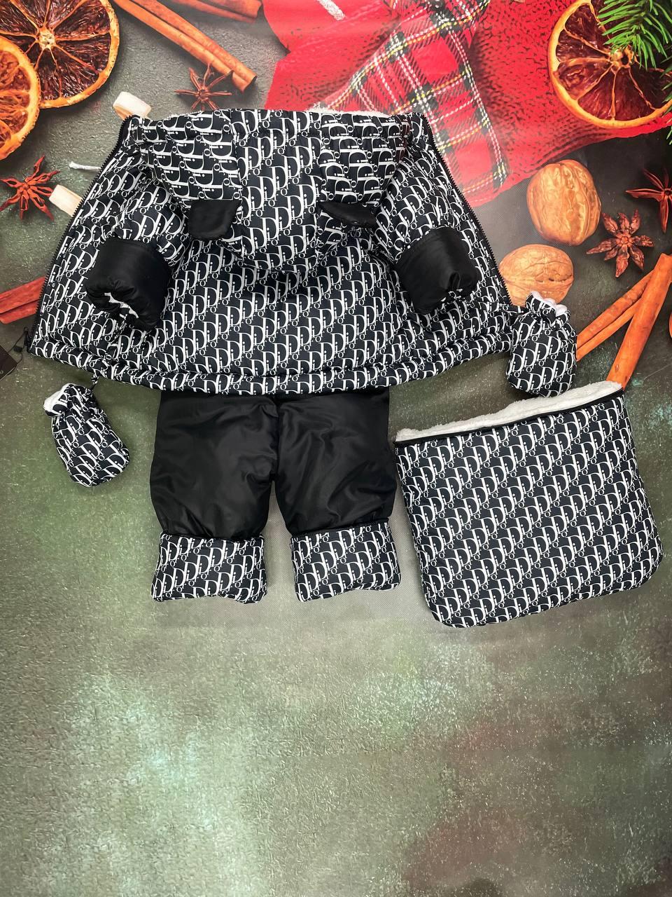 Зимний костюм тройка (конверт, куртка, комбинезон) "Ушки" для малышей 0-24 мес. Принт Диор - фото 4 - id-p1236065841
