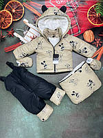 Зимний костюм тройка (конверт, куртка, комбинезон) "Ушки" для малышей 0-24 мес. Бежевий Микки