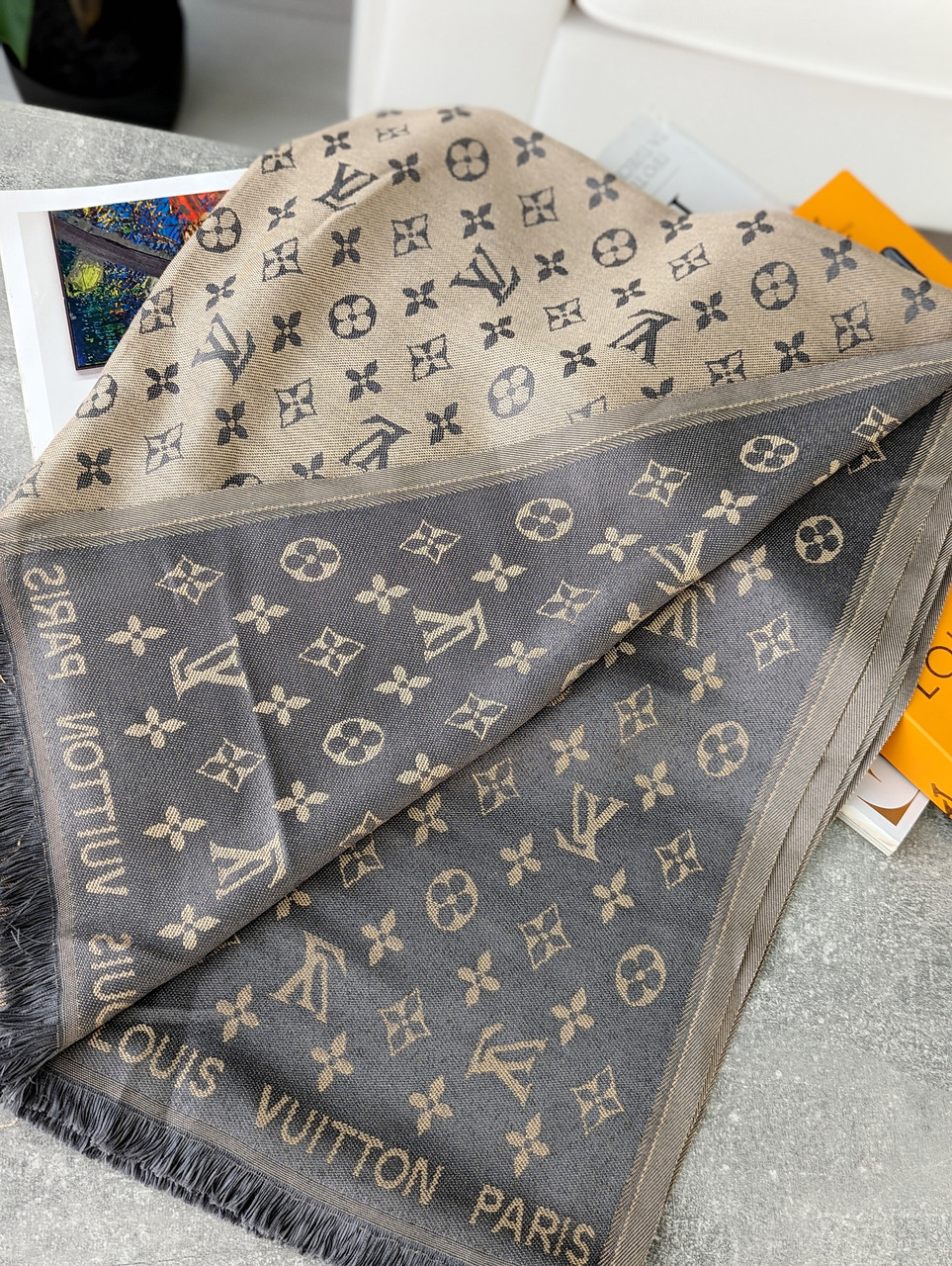 Палантин шарф louis vuitton Луї вінон сіро-золотий, фото 1