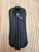 Кожаный футляр для ключей 12×5 см на молнии, ключница из натуральной кожи Черный