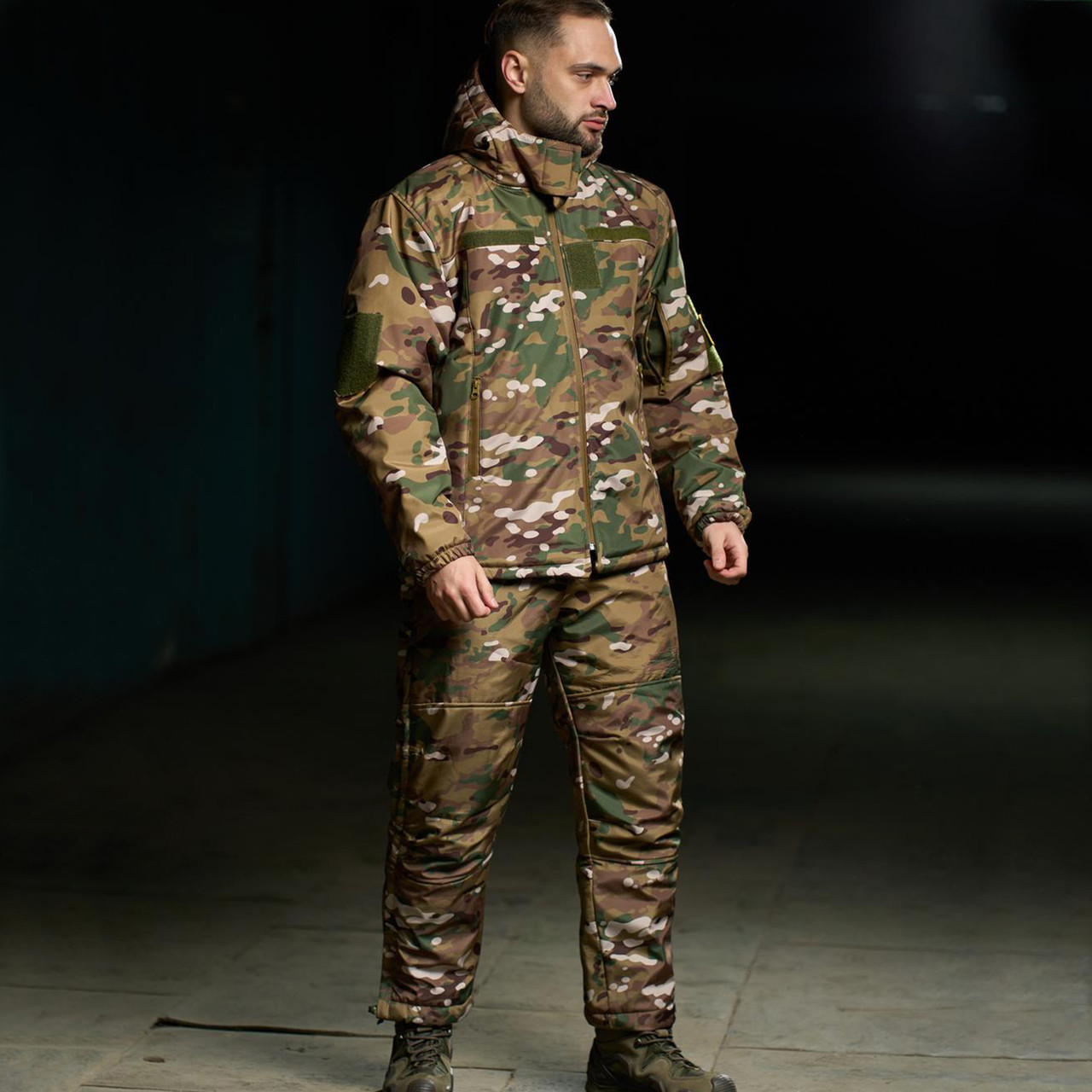 Тактичний зимовий чоловічий костюм SoftShell для військових/ Армійський теплий комплект Куртка+Штани Мультикам