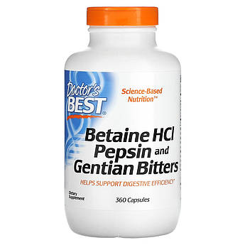 Бетаїну гідрохлорид з Пепсином і тирличом Doctor's Best Betaine HCL Pepsin Gentian Bitters для травлення 360 капсул