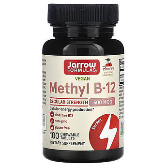 Вітамін B12 500 мкг Jarrow Formulas метилкобаламін для мозку 100 жувальних льодяників з вишневим смаком