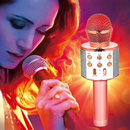 Ручне бездротове караоке WS-858 Караоке на блютузі Bluetooth USB-мікрофон Рожевий-Золотий й