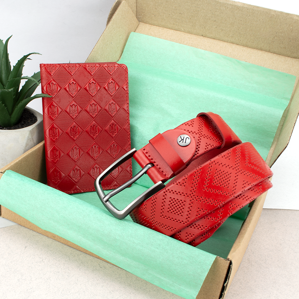 Подарунковий жіночий набір №83 у коробці: паспорт та ремінь червоний