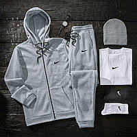 Мужской зимний спортивный костюм Nike Набор 5в1 Толстовка + Штаны + Футболка + Шапка серый с капюшоном