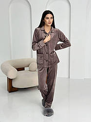 Костюм домашній ШАЛЬ ВЕЛЮР ПЛЮШ ГУДЗИКИ 2-ка штани та жакет ШОКОЛАД ЧОРНИЙ КАНТ