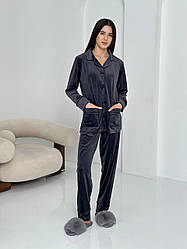 Костюм домашній ВЕЛЮР ПЛЮШ ГУДЗИКИ 2-ка штани та жакет ГРАФІТ