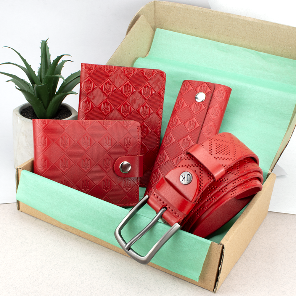 Подарунковий жіночий набір №84 у коробці: гаманець, паспорт, ключниця та ремінь червоний