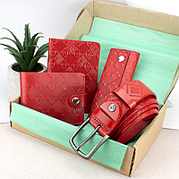Подарочный женский набор №84 в коробке: кошелек, паспорт, ключница и ремень красный