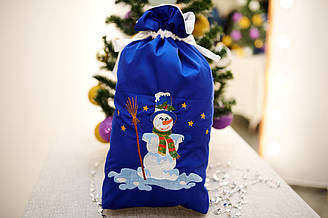 Новорічний різдвяний подарунковий мішечок/вишивка — сніговик, волошковий