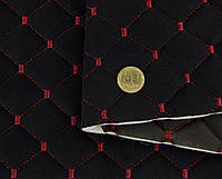 Отрез 0,9м, Велюр стеганый «Ромб черный» (прошитый красной нитью) на поролоне 7мм и флизелине, ширина 135см