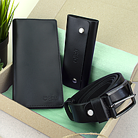 Подарунковий набір чоловічий HandyCover №52: Гаманець + ключниця + ремінь (чорний)