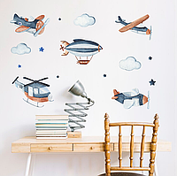 Виниловая интерьерная наклейка цветная декор на стену, обои и другие поверхности "Самолеты. Вертолеты. Облака"