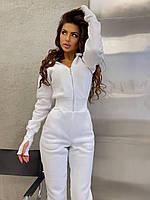 Теплий білий жіночий комбінезон із тринитки на флісі з манжетами та отвором для пальчика 42-44, 44-46