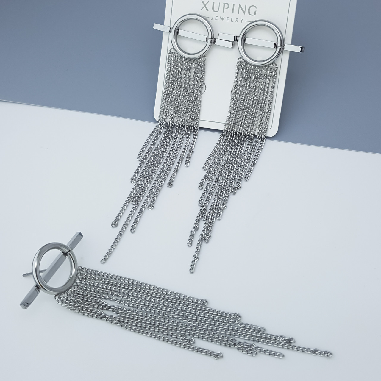 Сережки гвоздики, "Водоспад" без каміння, медсталь Xuping, stainless steel, родій