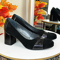 Туфли женские на невысоком устойчивом каблуке, натуральная замша и кожа. Цвет черный