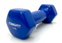 Гантель для фитнеса 1.5 кг EasyFit с виниловым покрытием синяя, гантель цельная неразборная 1,5 кг