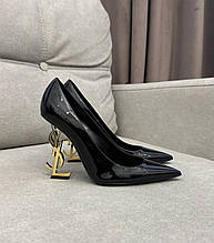 Жіночі чорні туфлі YSL Opyum Pumps на фігурному золотом-підборі шкіра туфлі Yves Saint Laurent Ів Сен Лоран