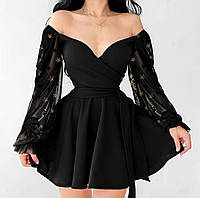 Женское нарядное платье, пышный рукав, 42-46, черный, креп-дайвинг+фатин.