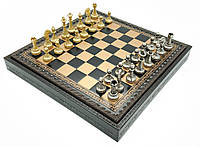 Набор дорожный 2 в 1 шахматы "Mignon Fiorito" и шашки с доской из кожи от итальянского бренда Italfama Черный, золотистый