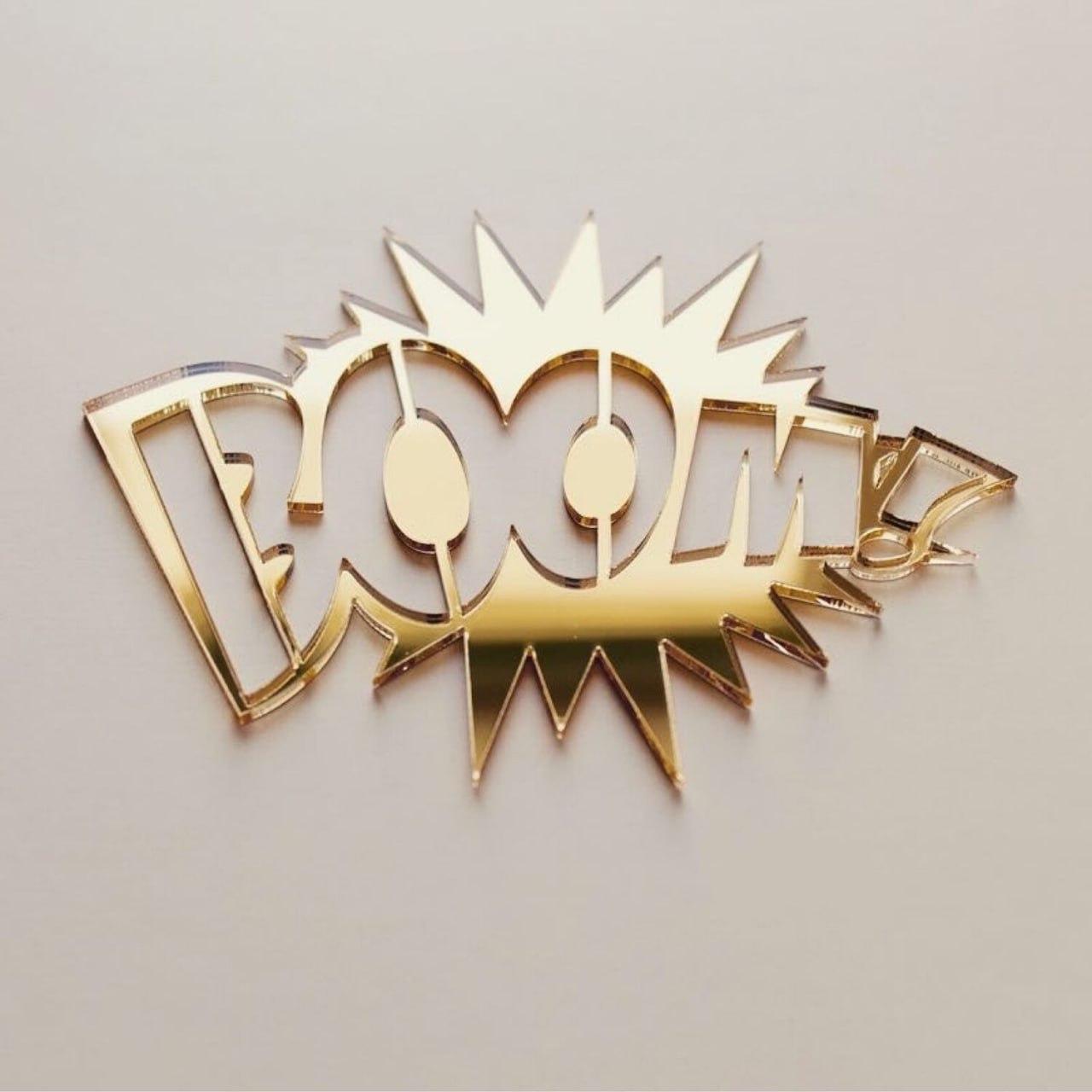 Топер для торта золотий дзеркальний "BOOM" (топер без палички)