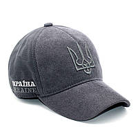 Зимова кепка тепла бейсболка сіра з вушками флісовою підкладкою та вишивкою Герб Тризубець